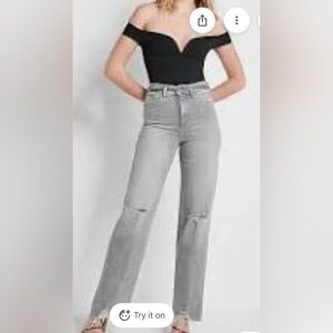 2 SHORT Express super high rise wide leg grey jeans rip hole belt